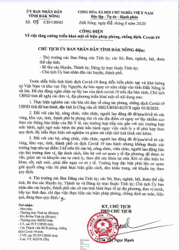 CÔNG ĐIỆN VỀ VIỆC TĂNG CƯỜNG TRIỂN KHAI 1 SỐ BIỆN PHÁP PHÒNG CHỐNG DỊCH COVID-19