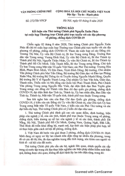 THÔNG BÁO KẾT LUẬN CỦA THỦ TƯỚNG NGUYỄN XUÂN PHÚC TẠI CUỘC HỌP THƯỜNG TRỰC CHÍNH PHỦ TRỰC TUYẾN VỚI CÁC ĐỊA PHƯƠNG VỀ PHÒNG CHỐNG DỊCH COVID-19