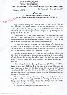 THÔNG BÁO Ý KIẾN CHỈ ĐẠO CỦA THƯỜNG TRỰC TỈNH UỶ VỀ 1 SỐ BIỆN PHÁP CẤP BÁCH PHÒNG CHỐNG DỊCH COVID-19