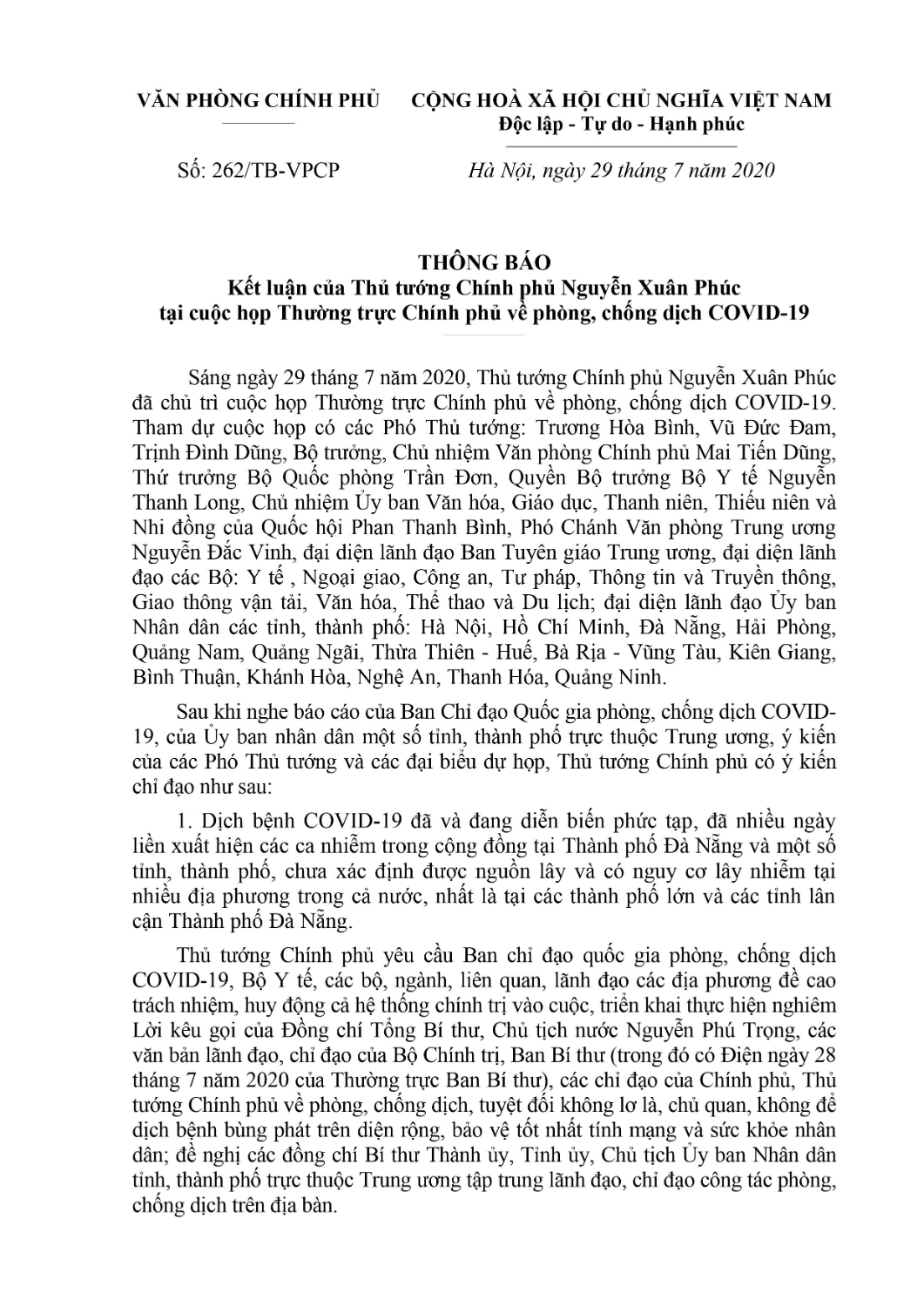 THÔNG BÁO KẾT LUẬN CỦA THỦ TƯỚNG CHÍNH PHỦ NGUYỄN XUÂN PHÚC