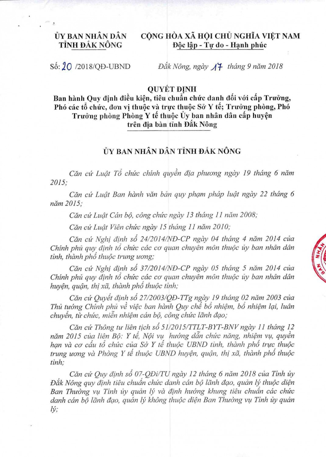 QUYẾT ĐỊNH BAN HÀNH QUY ĐỊNH ĐIỀU KIỆN, TIÊU CHUẨN CHỨC DANH ĐỐI VỚI CẤP TRƯỞNG, PHÓ CÁC TỔ CHỨC,ĐƠN VỊ THUỘC VÀ TRỰC THUỘC SỞ Y TẾ TRÊN ĐỊA BÀN TỈNH ĐẮK NÔNG