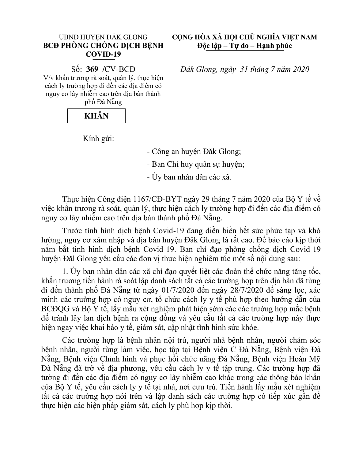 CÔNG VĂN BCĐ PHÒNG CHỐNG DỊCH BỆNH COVID-19 HUYỆN ĐĂK GLONG