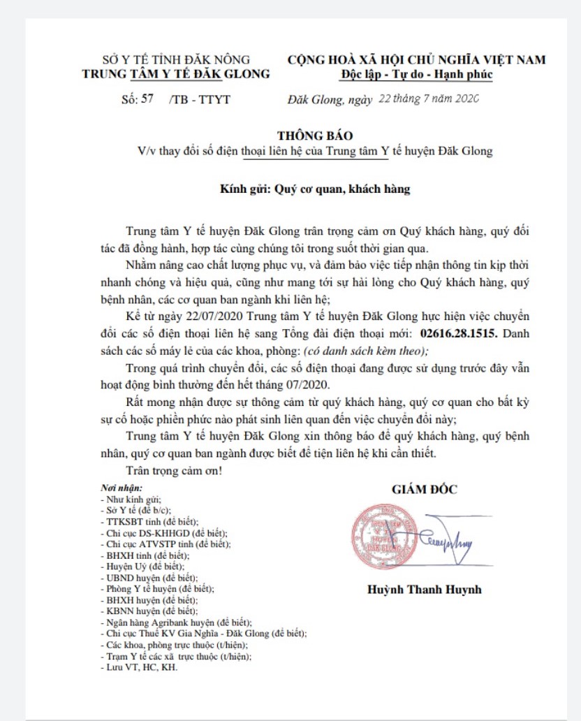 THÔNG BÁO THAY ĐỔI SỐ ĐIỆN THOẠI LIÊN HỆ CỦA TTYT HUYỆN ĐẮK GLONG