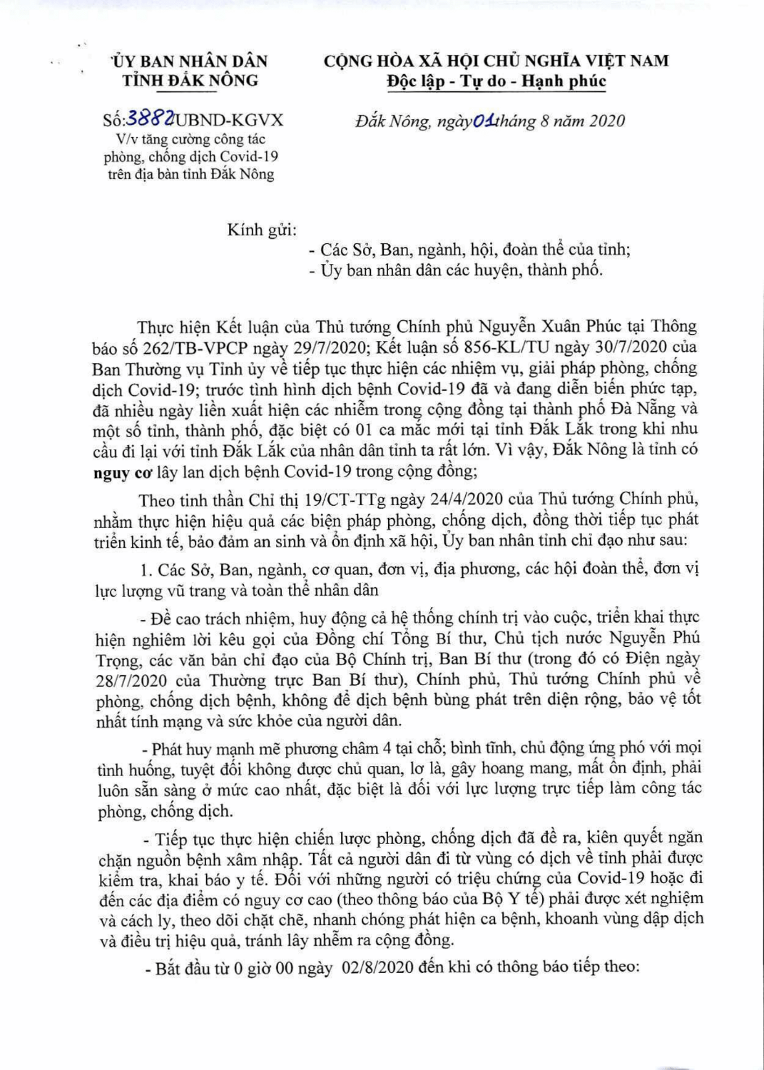 CÔNG VĂN VỀ VIỆC TĂNG CƯỜNG PHÒNG PHÒNG CHỐNG DỊCH BỆNH COVID 19 TRÊN ĐỊA BÀN TỈNH ĐĂK NÔNG