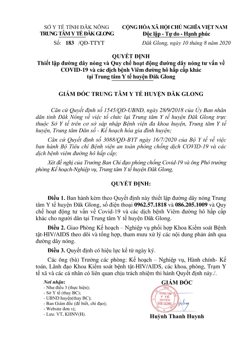 QUYẾT ĐỊNH THIẾT LẬP ĐƯỜNG DÂY NÓNG VÀ QUY CHẾ HOẠT ĐỘNG ĐƯỜNG DÂY NÓNG TƯ VẤN VỀ COVID_19 VÀ CÁC DỊCH BỆNH VIÊM ĐƯỜNG HÔ HẤP CẤP KHÁC TẠI  TRUNG TÂM Y TẾ HUYỆN ĐĂK GLONG