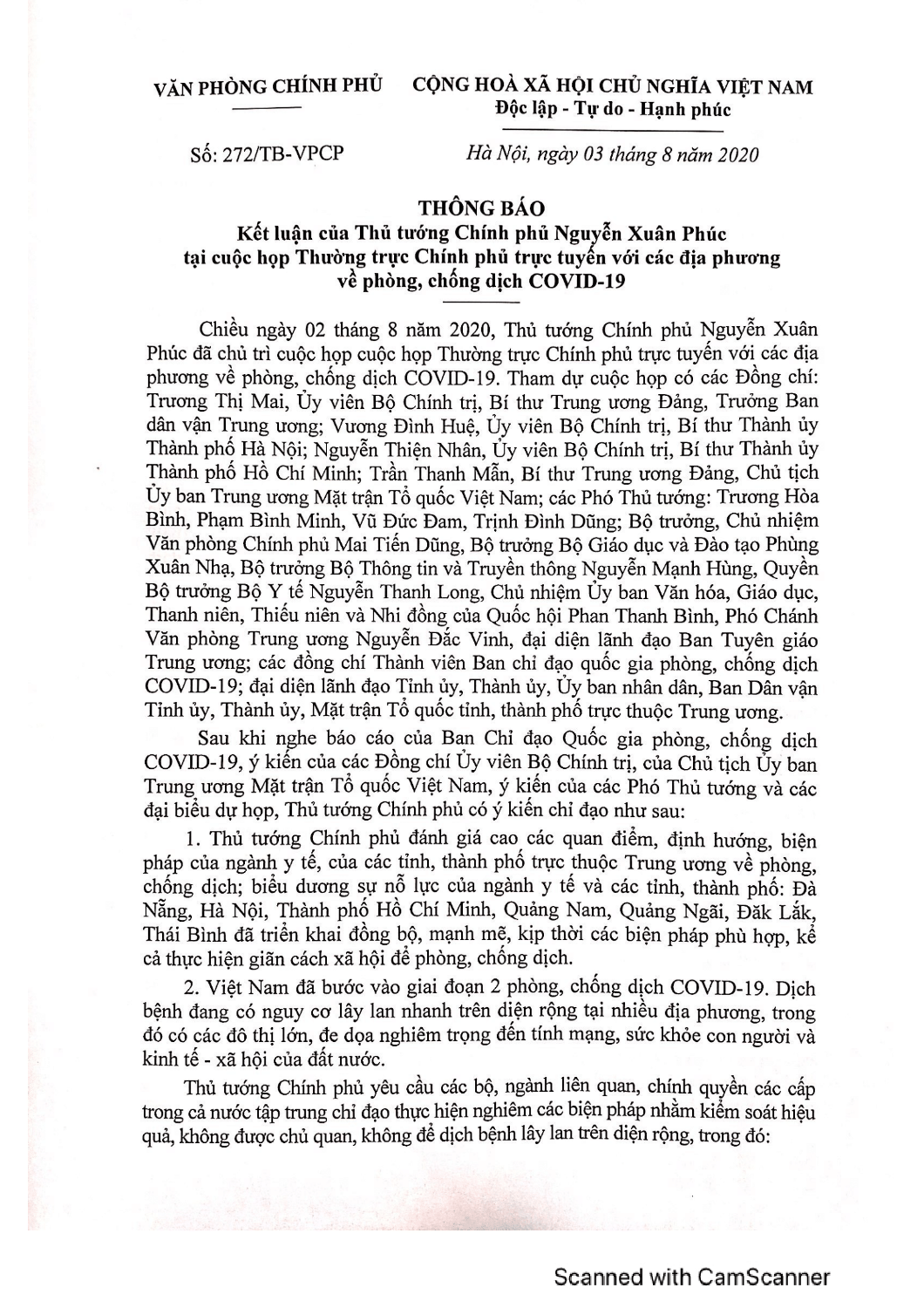 THÔNG BÁO KẾT LUẬN CỦA THỦ TƯỚNG NGUYỄN XUÂN PHÚC TẠI CUỘC HỌP THƯỜNG TRỰC CHÍNH PHỦ TRỰC TUYẾN VỚI CÁC ĐỊA PHƯƠNG VỀ PHÒNG CHỐNG DỊCH COVID-19