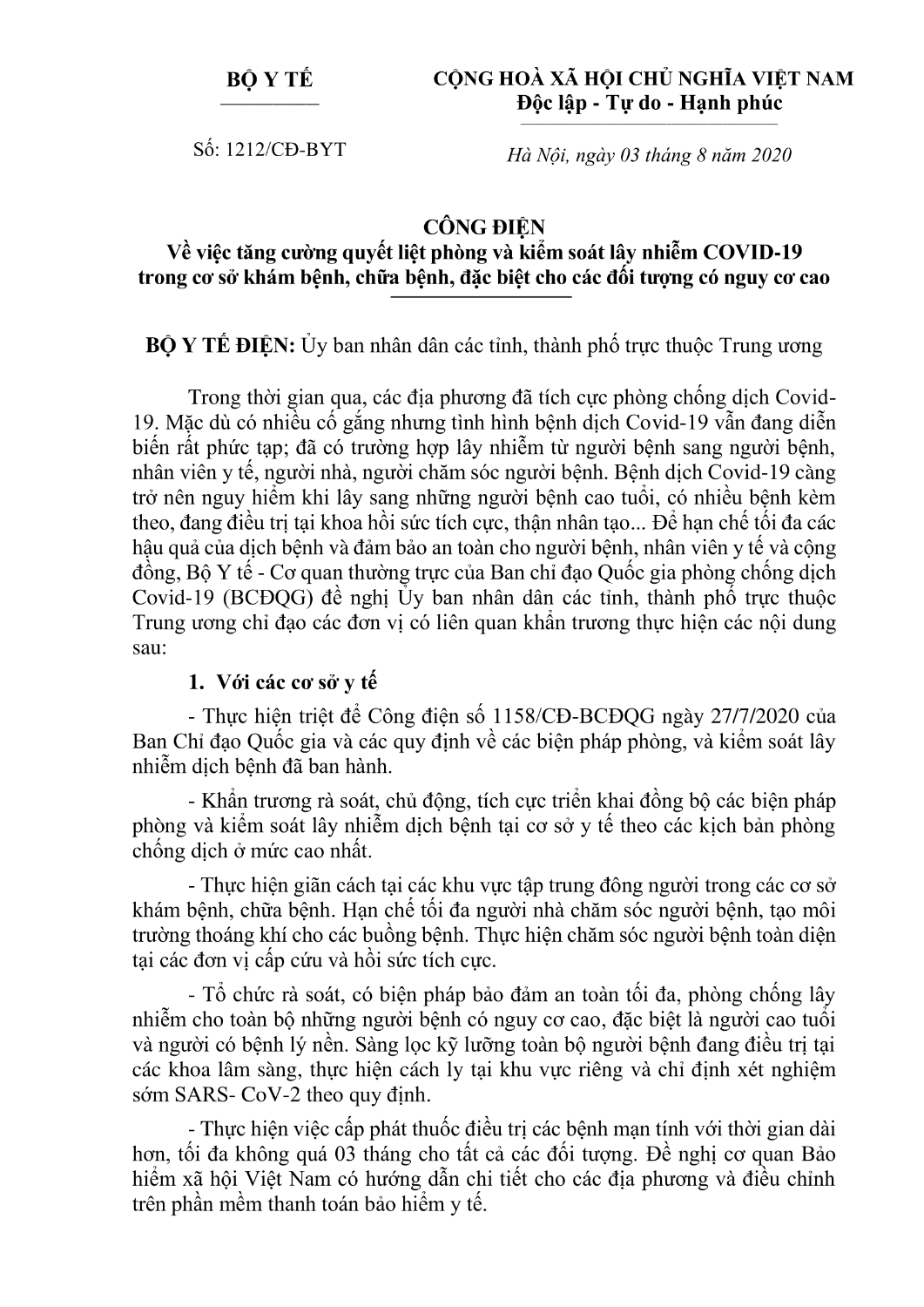 CÔNG ĐIỆN SỐ 1212/CĐ-BYT CỦA BỘ Y TẾ NGÀY 03/08/2020