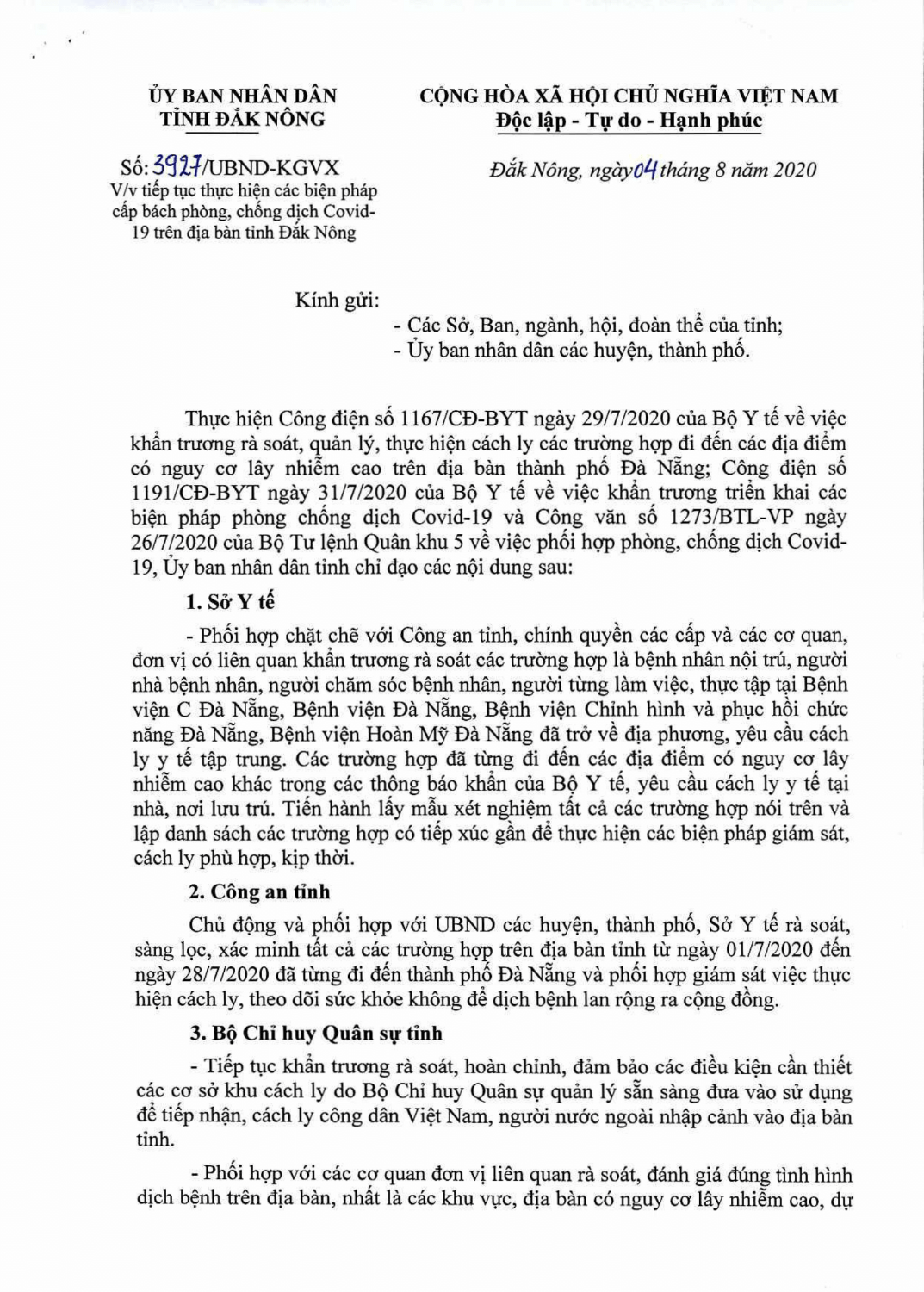 CÔNG VĂN SỐ 3927/UBND-KGVX CỦA UBND TỈNH ĐĂK NÔNG NGÀY 04/08/2020