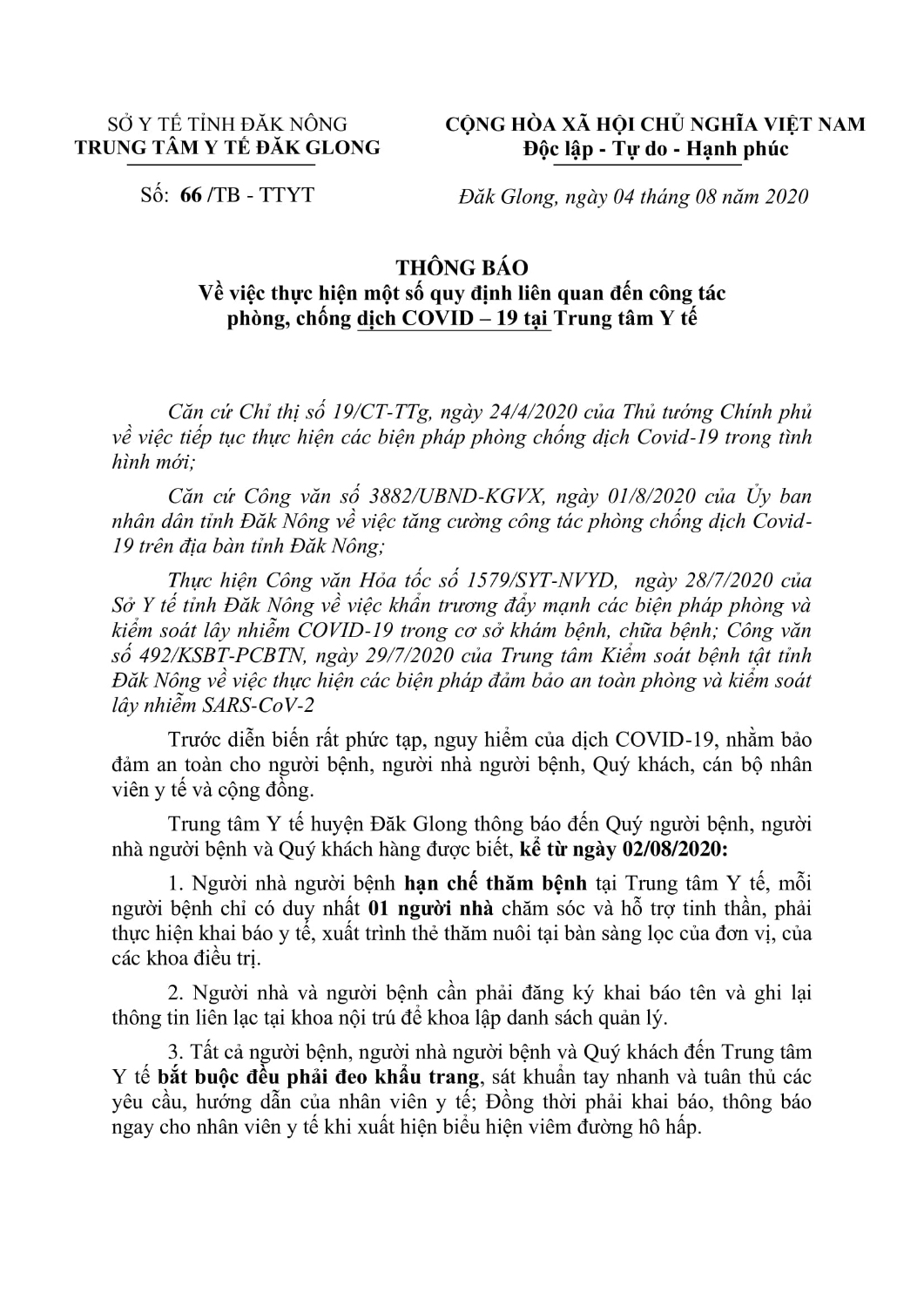 THÔNG BÁO VỀ VIỆC THỰC HIỆN 1 SỐ QUY ĐỊNH LIÊN QUAN ĐẾN CÔNG TÁC PHÒNG CHỐNG DỊCH COVID-19 TẠI TRUNG TÂM Y TẾ