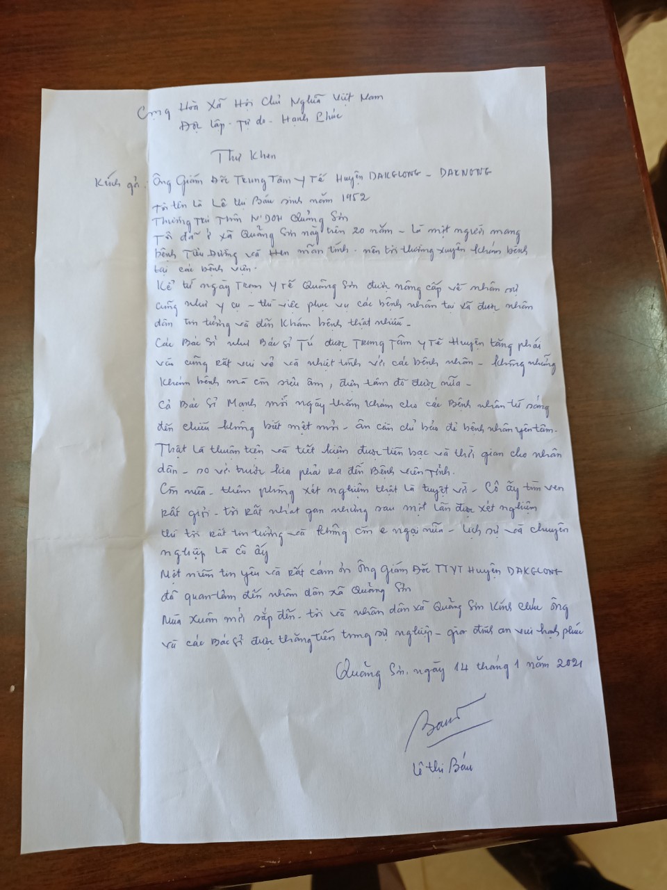 ẤM LÒNG VỚI BỨC THƯ KHEN CỦA NGƯỜI BỆNH