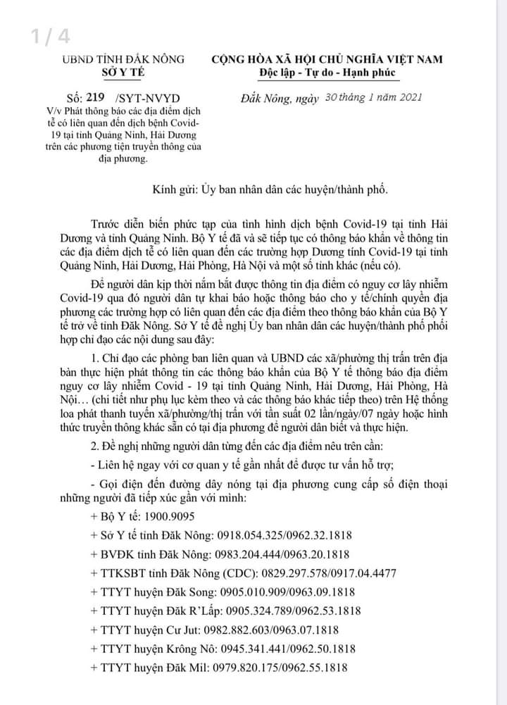 219/SYT-NVYD  Phát động báo cáo các địa điểm dịch tễ liên quan đến dịch bệnh Covid-19 tại Quảng Ninh, Hải Dương